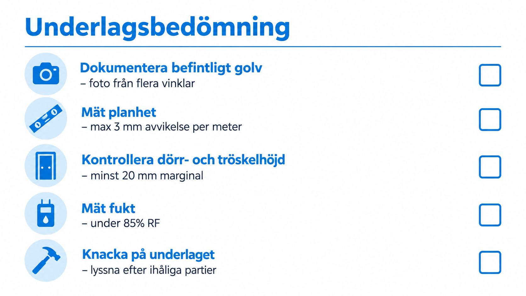 En checklista för bedömning av underlag inför golvinstallation med fem viktiga kontrollsteg illustrerade med ikoner.