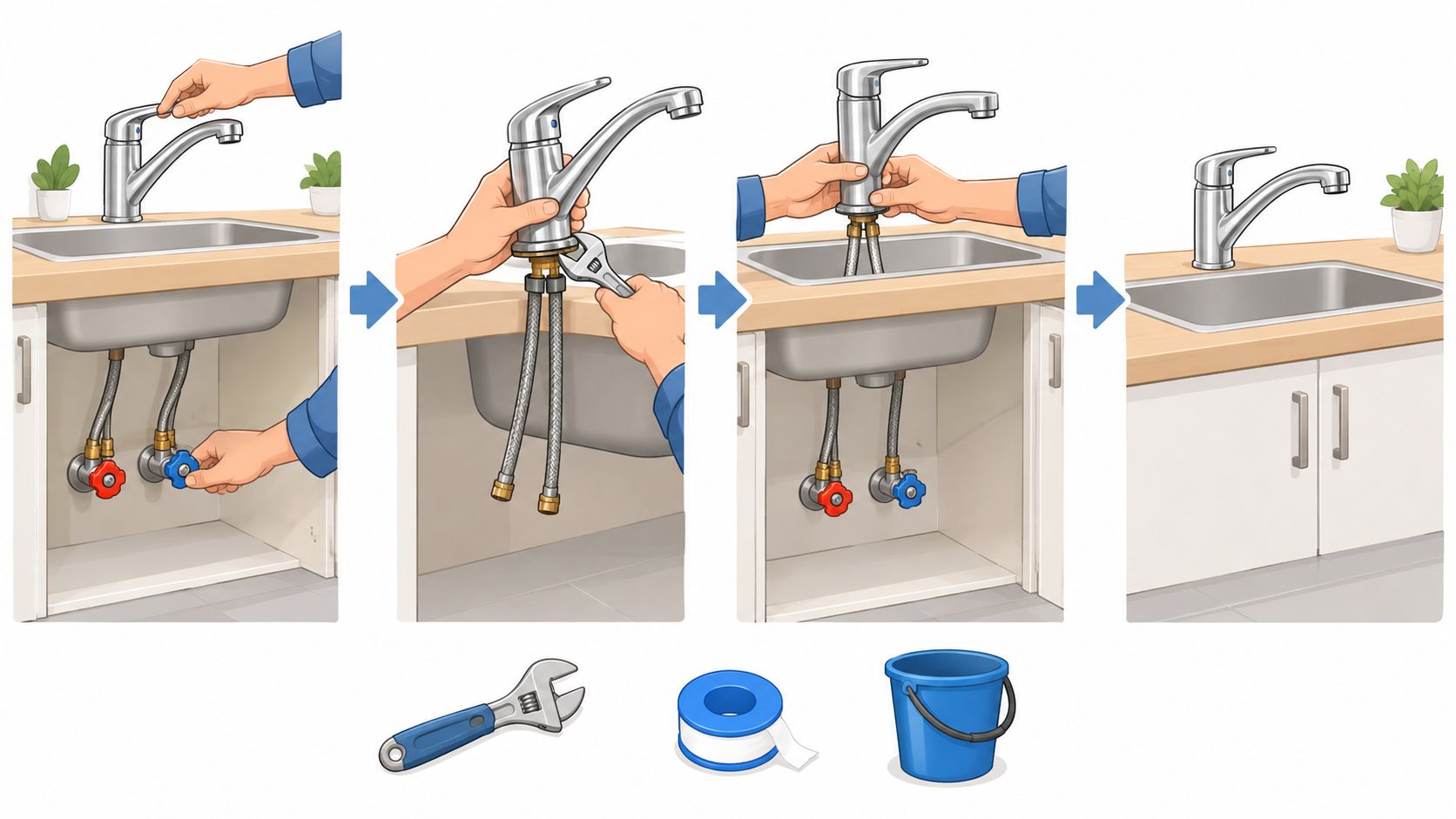 En illustration som visar steg-för-steg processen för att byta ut en köksblandare vid diskbänken.