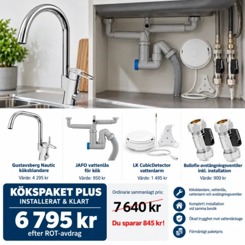 Kökspaket Plus med Gustavsberg Nautic köksblandare, JAFO vattenlås, LK CubicDetector vattenlarm och Ballofix-avstängningsventiler.