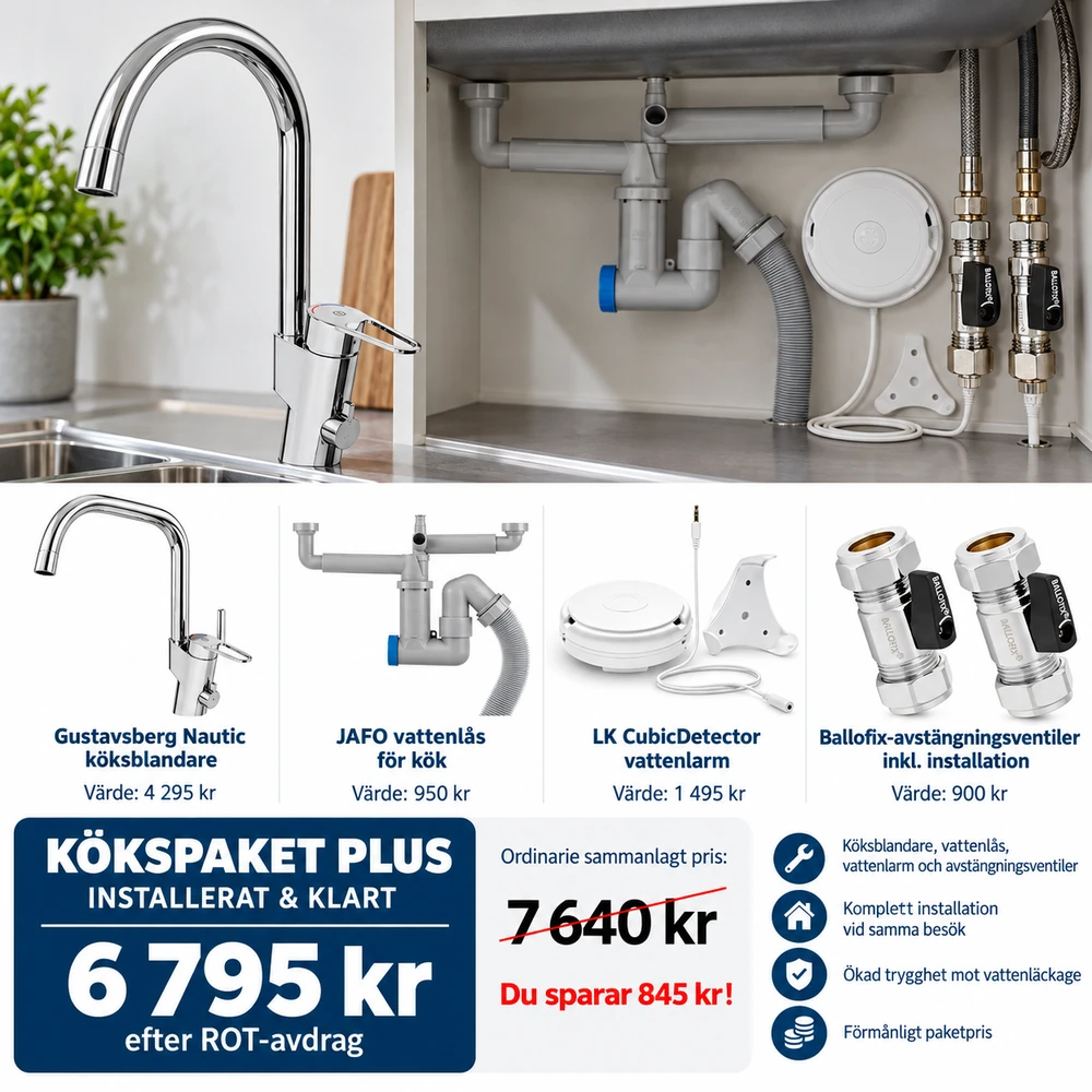 Kökspaket Plus med Gustavsberg Nautic köksblandare, JAFO vattenlås, LK CubicDetector vattenlarm och Ballofix-avstängningsventiler.