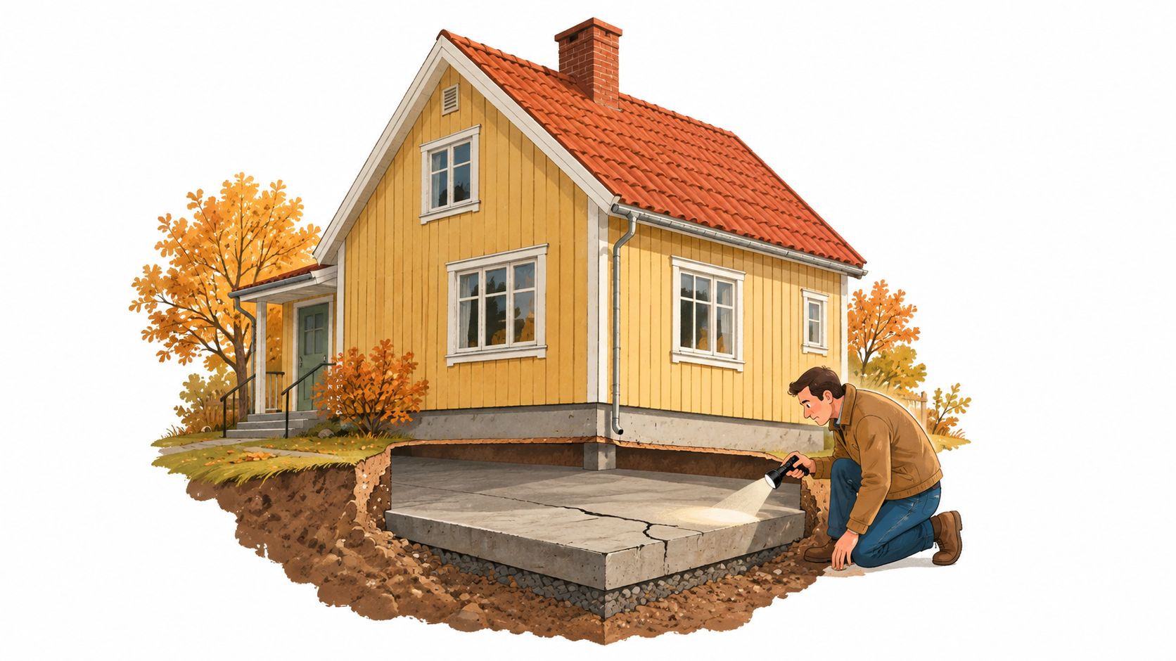 En person undersöker en sprucken betongplatta under ett hus med en ficklampa för att inspektera skador.