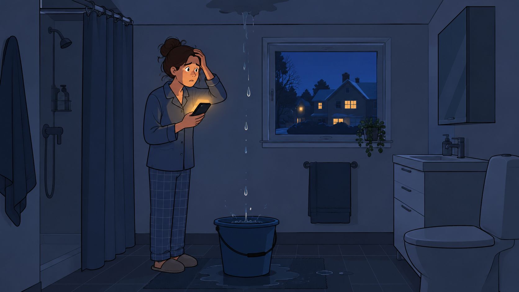 En orolig kvinna i badrummet som tittar på sin telefon medan taket läcker ner i en hink.
