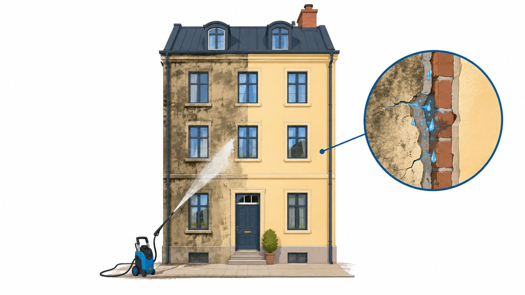 Illustration av en husfasad som rengörs med högtryckstvätt, med en infälld detaljvy av fuktskador i väggen.