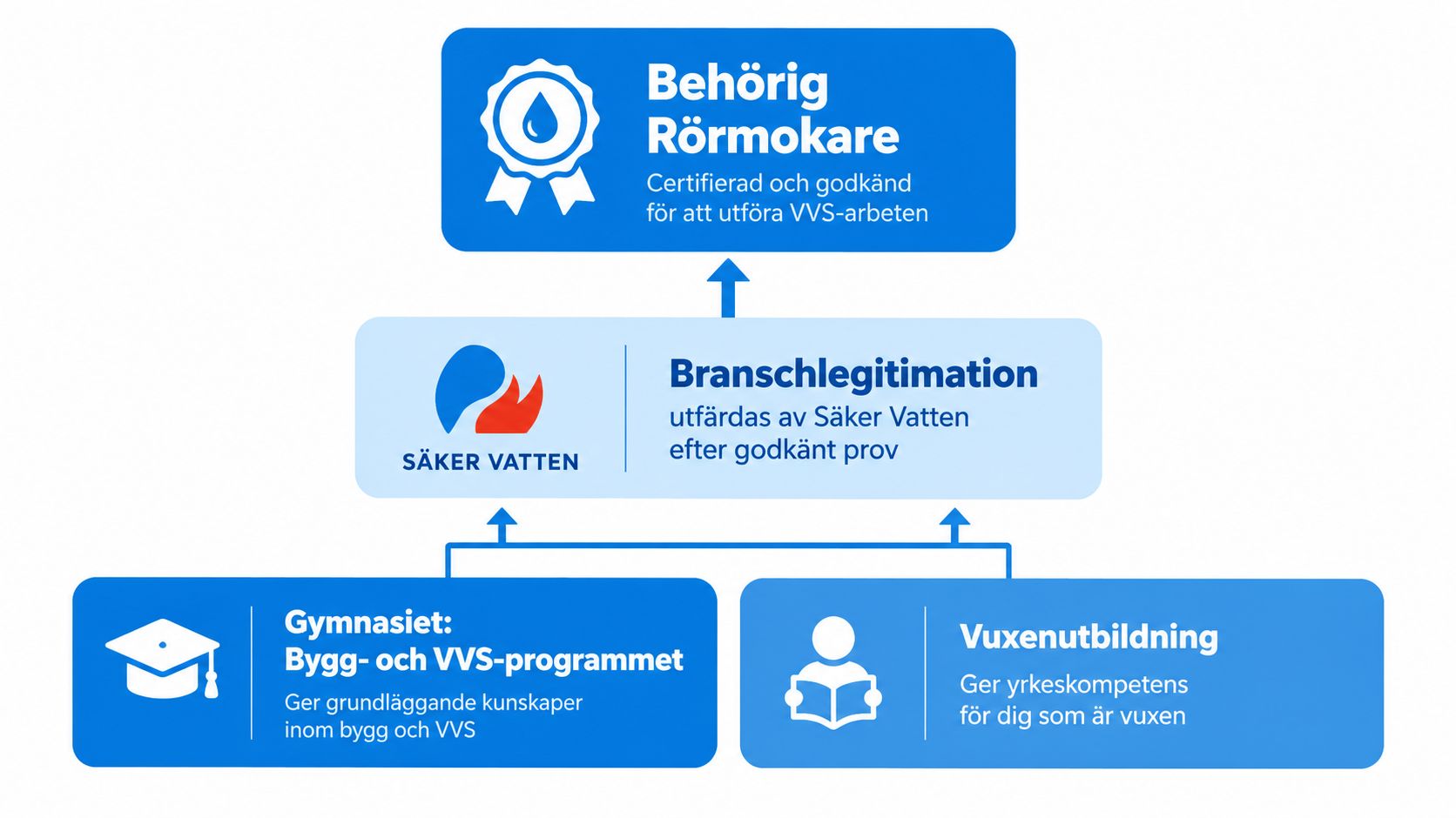 Ett flödesschema som visar vägen till att bli en Behörig Rörmokare genom utbildning och branschlegitimation.