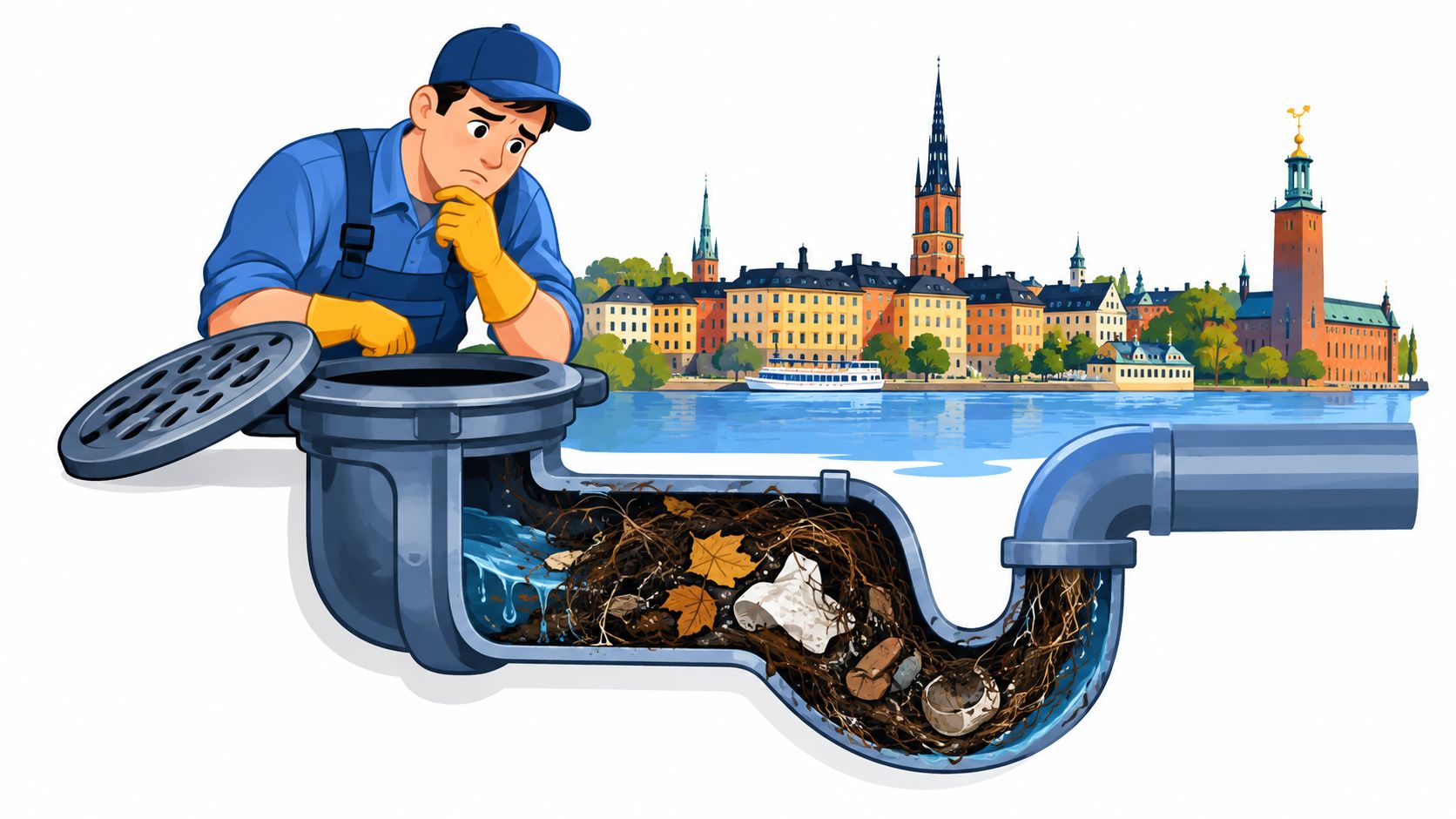 En rörmokare inspekterar ett igensatt avloppsrör med skräp framför en bakgrund av Stockholms stadsbild med stadshuset.