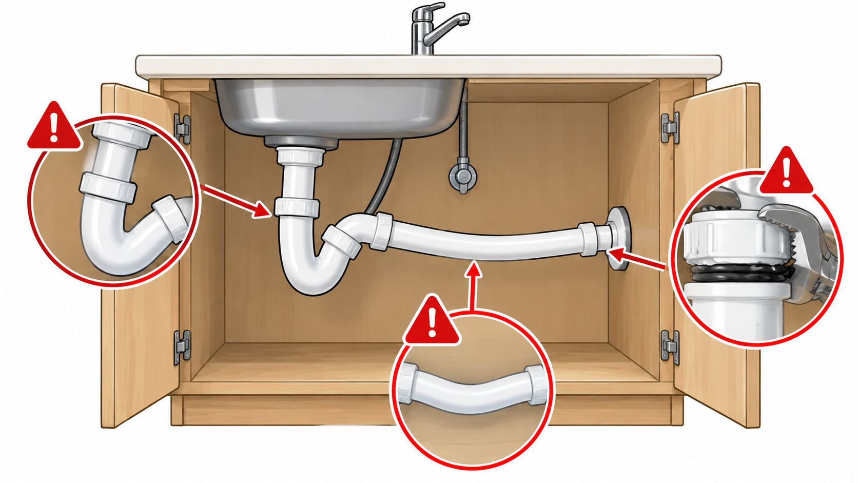 Illustration av ett handfatsskåp som visar felaktigt monterade rör och vattenlås med röda varningsmarkeringar för problem.