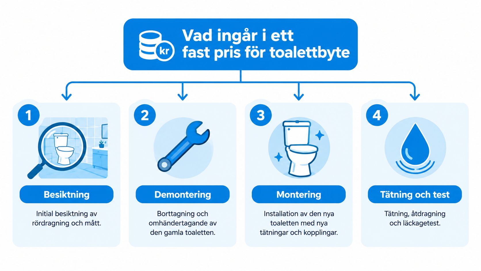 En grafisk illustration som förklarar vad som ingår i ett fast pris för ett toalettbyte hos rörmokare.