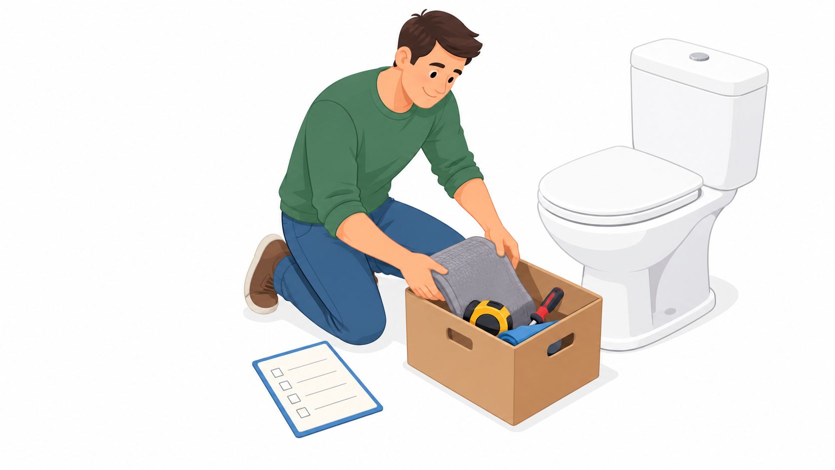 En man knäböjer bredvid en toalett och packar upp verktyg ur en kartong för ett badrumsrenoveringsprojekt.