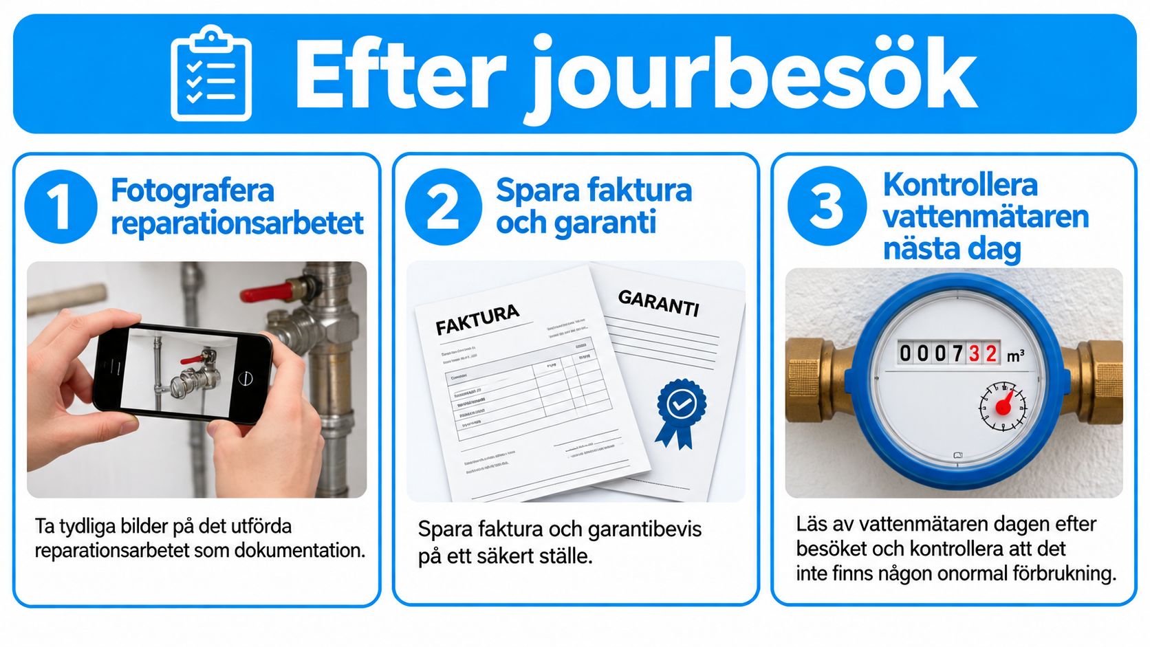 Checklista för vad du ska göra efter ett jourbesök av en rörmokare i hemmet för reparationer.