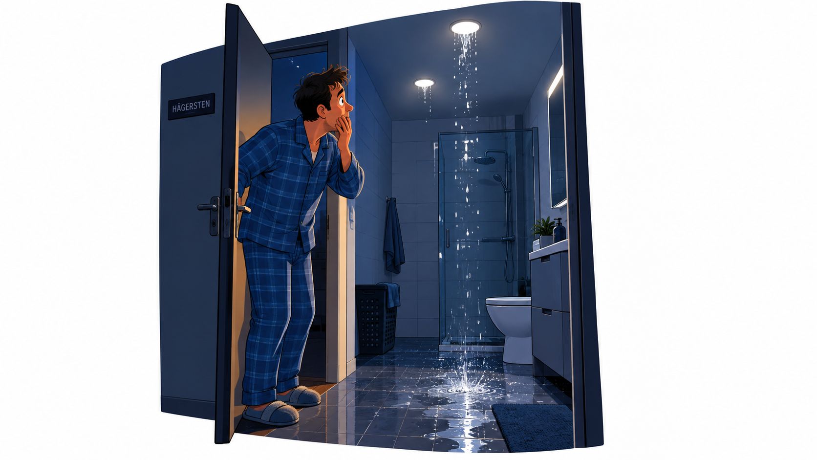 En person i pyjamas tittar förvånat in i ett badrum där vatten läcker från taklamporna ner på golvet.