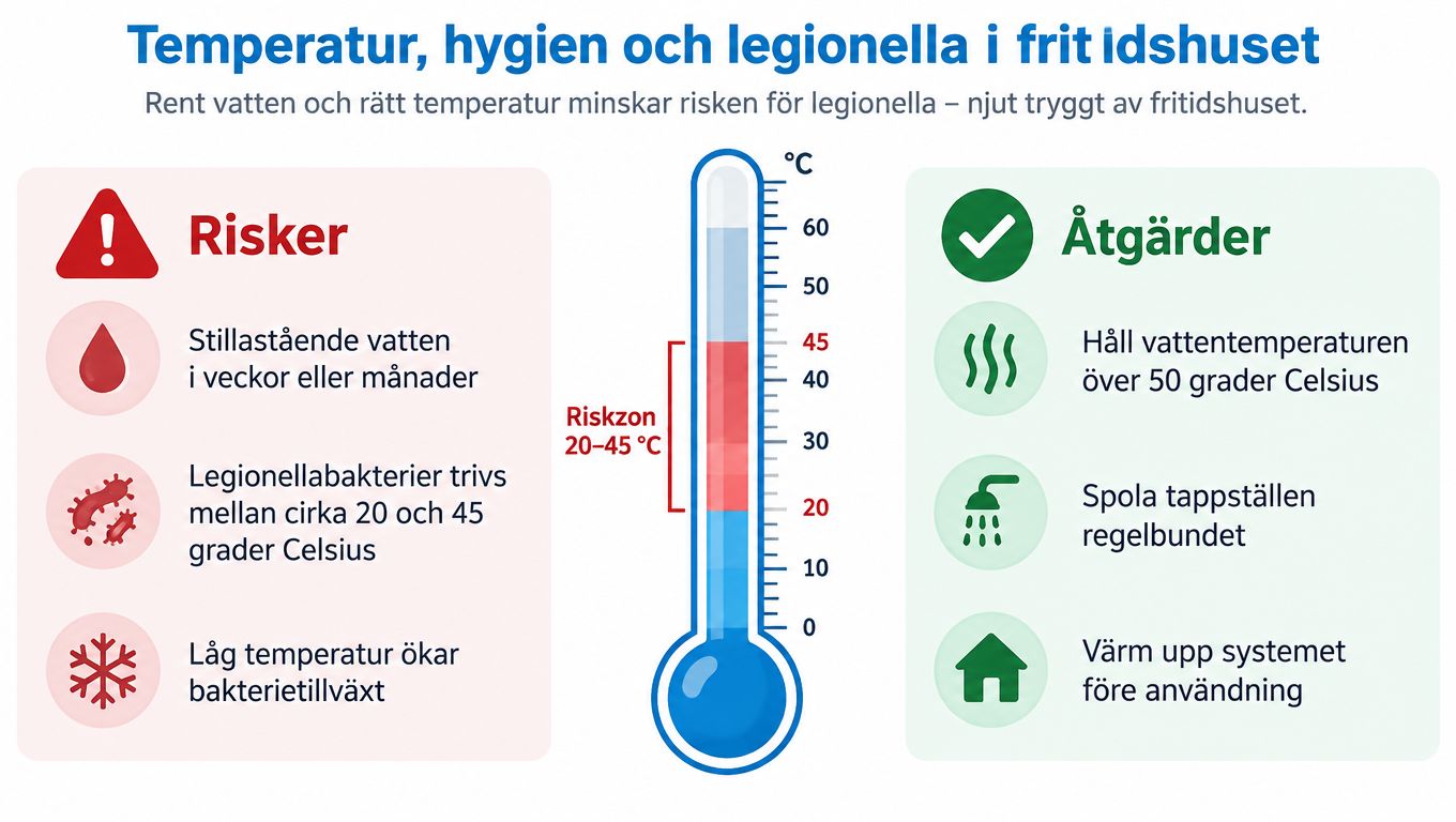 En infografik om hur rätt vattentemperatur och god hygien minskar risken för legionellabakterier i fritidshus.